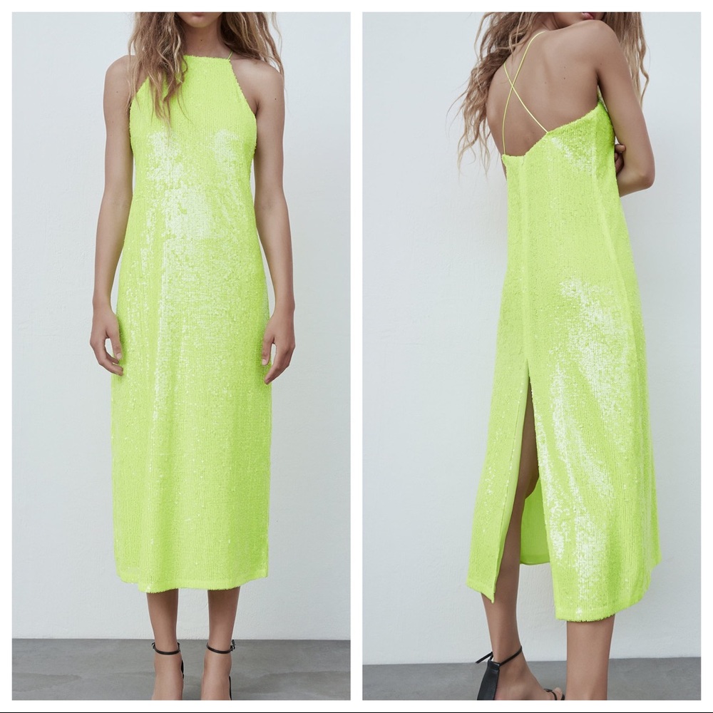 ZARA‎ NEON GREEN SEQUIN MIDI DRESS
